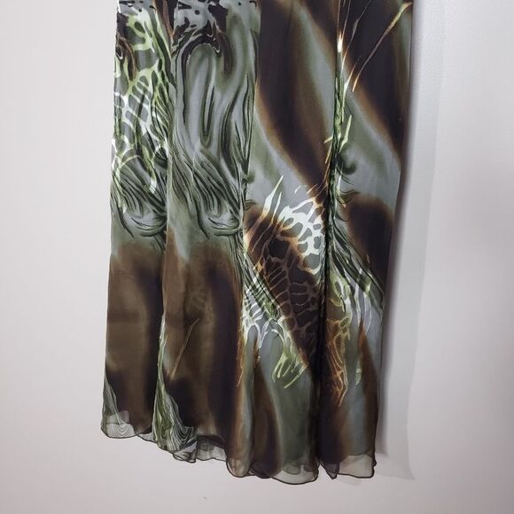 Frank Lyman Size 8 Medium Green Brown Silk Sleeveless Halter Dress - Picture 3 of 11